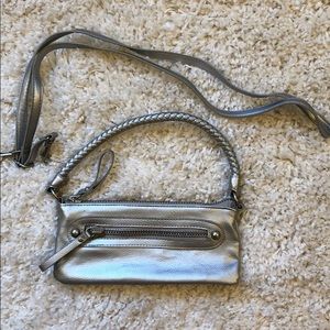 Small Silver Clutch with Cross Body Strap